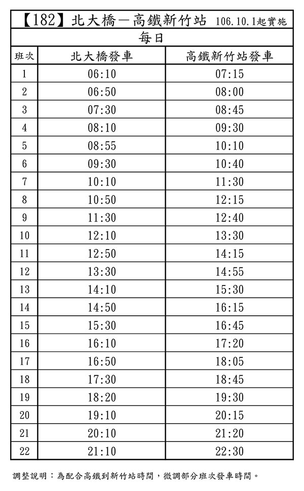 收費路線182時刻表 (105.7.1起實施)