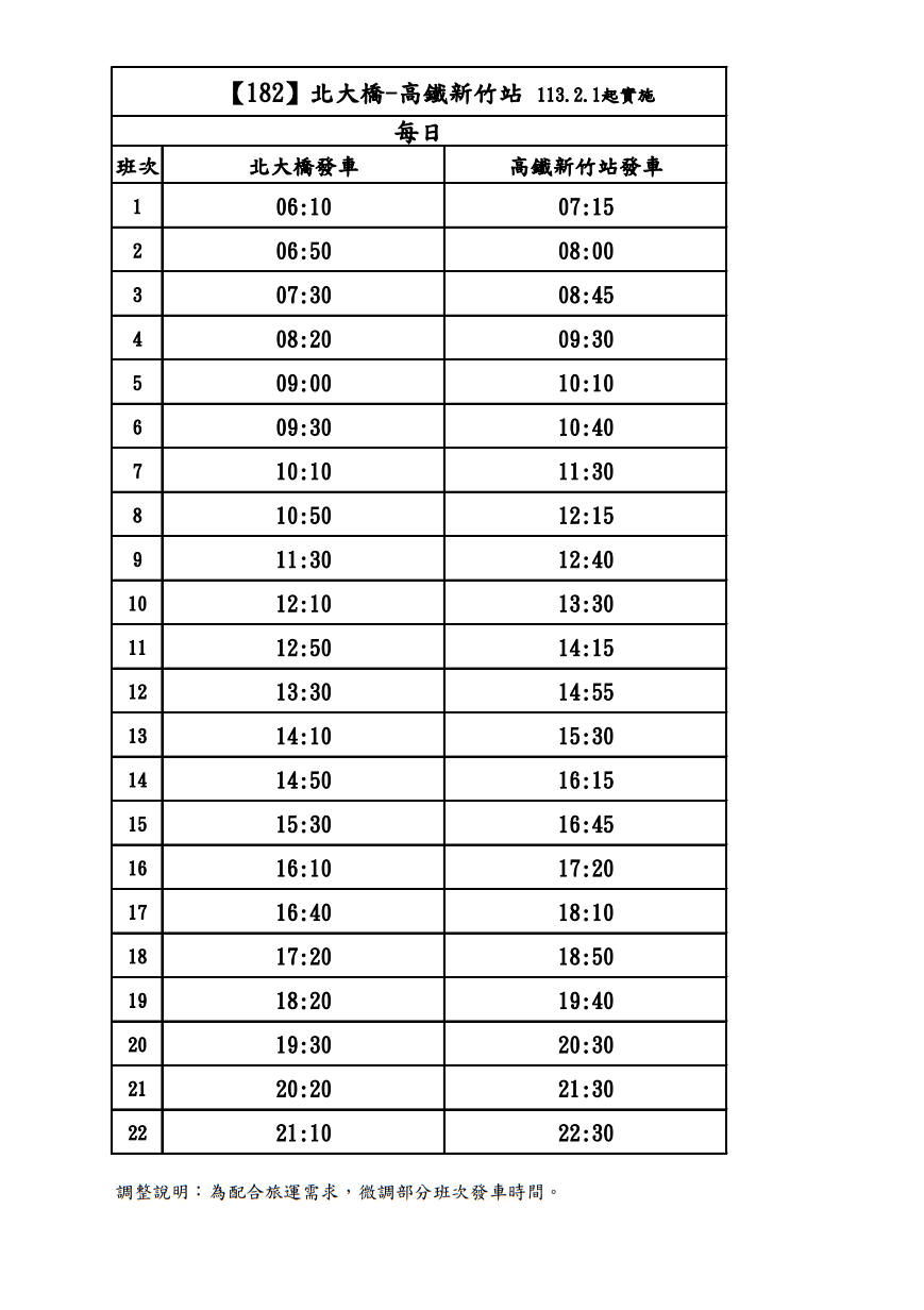 收費路線182時刻表(113.2.1起實施)